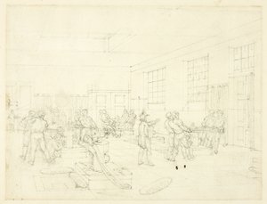 Estudio para La Casa de la Moneda, del Microcosmos de Londres (anverso); Boceto de patio (reverso)