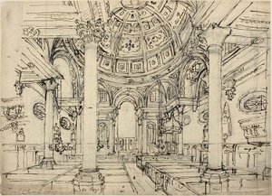 Estudio para la Iglesia de Walbrook (recto); Bocetos de veleros, hombres y botes (verso) de Augustus Charles Pugin
