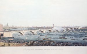La inauguración del Puente de Waterloo el 18 de junio de 1817, grabado por A. Pugin a partir de un dibujo de W. Findlater, grabado por R. Havell y Son, 1818 (grabado en color) de Augustus Charles Pugin