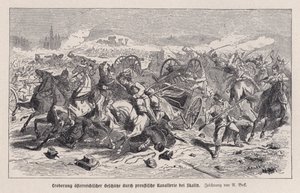 Cañones austriacos capturados por la caballería prusiana en la Batalla de Skalitz, Bohemia, Guerra Austro-Prusiana de Augustus J. Beck