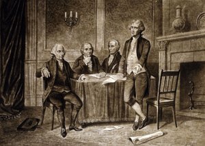 Líderes del Congreso Continental de 1775: John Adams, Robert Morris, Alexander Hamilton, Thomas Jefferson, dibujo de Augustus Tholey (1894)