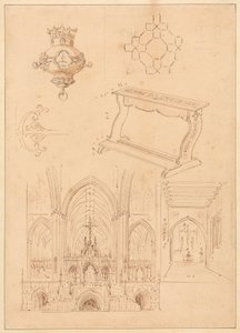 Diseños de ornamentación gótica, un reclinatorio y dos bocetos de interiores de iglesias góticas de Augustus Welby Northmore Pugin