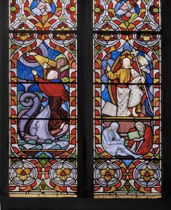 Tipos y Antitipos: Jonás y la Ballena, y Cristo Resucitado (detalle) de Augustus Welby Northmore Pugin