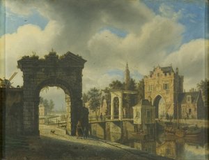 Escena de canal con puente levadizo de Augustus Wijnands