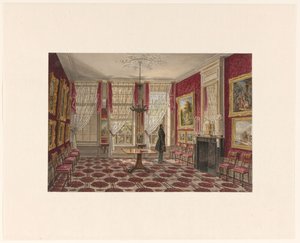 Interior del siglo XIX con pinturas y figura de pie de Augustus Wijnantz