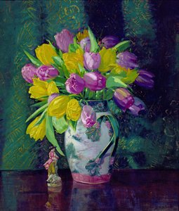 Tulipanes amarillos y malvas en un jarrón de Augustus William Enness
