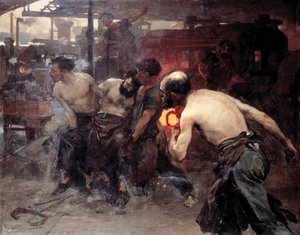 Accidente laboral Un trabajador en una fábrica es herido por una de las máquinas y transportado por sus colegas de Aurelio Arteta Errasti