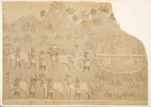 Carro y asistentes de Senaquerib y un castillo en una montaña (Kouyunjik), de Monumentos de Nínive, pub. 1849 de Austen Henry Layard