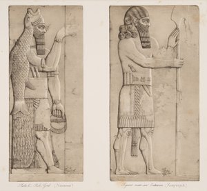Dios pez (Nimrud) y figura cerca de una entrada (Kouyunjik), de Monumentos de Nínive, pub. 1849
