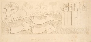 Fugitivos cruzando un río hacia un castillo, de Monumentos de Nínive, pub. 1849