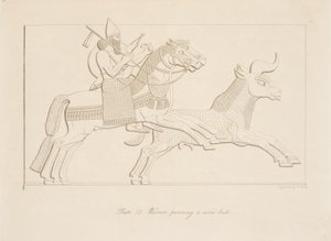 Guerrero persiguiendo un toro salvaje, de Monumentos de Nínive, pub. 1849 de Austen Henry Layard