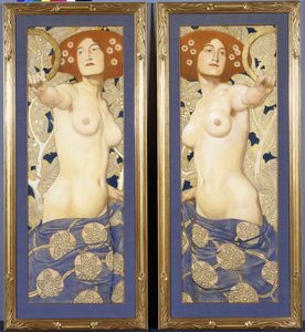 Un par de pasteles sobre papel, que representan figuras femeninas semi-desnudas, c.1900
