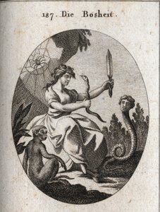 Alegoría de la maldad. Ella parece feliz con un áspid y un puñal. Sus atributos son la serpiente con cara humana que desea el fraude, el mono que es el emblema de la malicia y la araña que alude a trampas. Grabado en “Iconologie oder Ideen aus dem Gebiete  de Austrian School