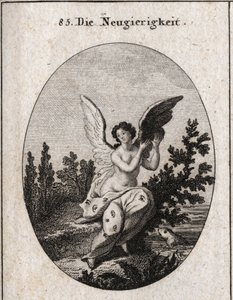 Alegoría de la curiosidad representada con un manto salpicado de orejas y ojos. Las alas elevadas. Grabado en “Iconologie oder Ideen aus dem Gebiete der Leidenschaften und Allegorien bildich dargestellt fur Zeichner, Mahler, Dichter, Gelehrte, Erzieher und