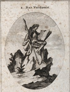 Alegoría del mérito representada en la cima de una roca empinada con armas y un libro simbolizando el resultado de sus obras y estudios. Grabado en 
