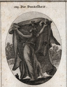 Alegoría de la oscuridad. Extiende un velo oscuro con el que impide la penetración de la luz. Sus atributos son el búho y otras aves nocturnas. Grabado en “Iconologie oder Ideen aus dem Gebiete der Leidenschaften und Allegorien bildich dargestellt fur Zeic de Austrian School
