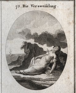 Alegoría de la desesperación con un puñal en el pecho y una rama de ciprés en la mano (árbol que una vez adornó las tumbas). La brújula de brisa es el emblema del desorden del pensamiento. Grabado en "Iconologie oder Ideen aus dem Gebiete der Leidenschafte de Austrian School