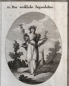 Alegoría de la adolescencia (joven) representada por una joven con una corona y una guirnalda de flores para denotar la felicidad. El pavo real simboliza el amor por el adorno. Su pie está colocado sobre un reloj de arena. Grabado en "Iconologie oder Ideen de Austrian School