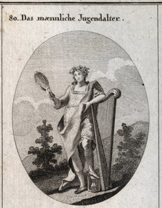 Alegoría de la adolescencia (adolescente) representada por un joven apoyado en un arpa y sosteniendo un espejo. Su pie está colocado sobre un reloj de arena. Grabado en “Iconologie oder Ideen aus dem Gebiete der Leidenschaften und Allegorien bildich darges
