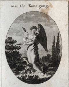 Alegoría del afecto o la bondad. Su atributo es el lagarto, símbolo de su bondad y afecto natural por los hombres. Grabado en "Iconologie oder Ideen aus dem Gebiete der Leidenschaften und Allegorien"