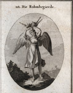 Alegoría de la ambición. Sus alas marcan su inclinación a elevarse y su temeridad está diseñada por varios tipos de coronas y cetros. La venda subraya su falta de discernimiento y su ceguera sobre todo lo que cree merecer. Grabado en "Iconologie"