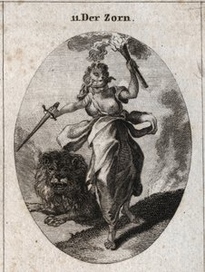 Alegoría de la ira representada en una actitud inquieta, con una venda en los ojos, una espada y una antorcha en las manos. Está vestida con piel de oso y el león detrás de ella es furiosidad. Grabado en "Iconologie oder Ideen aus dem Gebiete der Leidensch de Austrian School