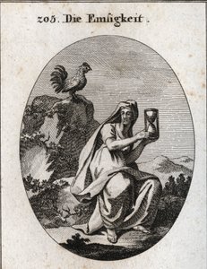 Alegoría de la asistencia. Ella sostiene un reloj de arena y se sienta al pie de una roca rodeada de una planta de hiedra. El gallo es su atributo porque la asistencia no existe sin vigilancia. Grabado en 