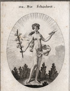 Alegoría de la belleza. El compás es el emblema de la precisión de las proporciones. El lirio es el símbolo de la belleza. Grabado en "Iconologie oder Ideen aus dem Gebiete der Leidenschaften und Allegorien bildich dargestellt fur Zeichner, Mahler, Dichter de Austrian School
