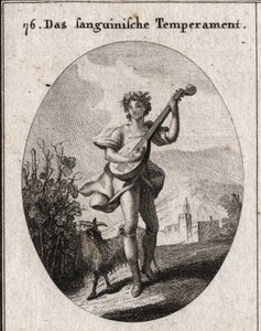 Alegoría del temperamento sanguíneo. La cabra que come uvas muestra que la sangre se lleva a los placeres del amor y Baco. Grabado en "Iconologie oder Ideen aus dem Gebiete der Leidenschaften und Allegorien" de Austrian School