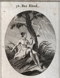 Alegoría de la calamidad. Ella se sienta en brisas cuya fragilidad es la imagen de la inestabilidad de la fortuna y las miserias de la vida. Grabado en "Iconologie oder Ideen aus dem Gebiete der Leidenschaften und Allegorien bildich dargestellt fur Zeichne de Austrian School