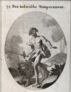 Alegoría del temperamento colérico. Él sostiene una espada para atacar y acaba de arrojar su escudo olvidando defenderse. Su atributo es un león amenazante. Grabado en "Iconologie oder Ideen aus dem Gebiete der Leidenschaften und Allegorien bildich dargest