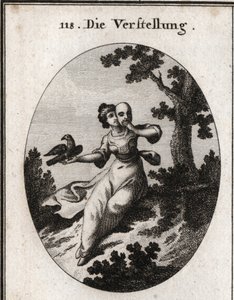 Alegoría del encubrimiento. Ella cubre su rostro con una máscara, emblema de la falsedad. Su atributo es una urraca, tanto blanca como negra, y sus caricias se mezclan con picos. Grabado en "Iconologie oder Ideen aus dem Gebiete der Leidenschaften und Alle