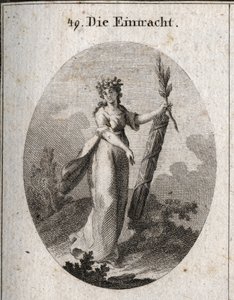 Alegoría de la concordia representada con una corona de granadas, emblema de la unión. La rama de olivo y un símbolo de paz y el haz de varas fuertemente atadas marcan el poder de las fuerzas unidas. Grabado en “Iconologie oder Ideen aus dem Gebiete der Le de Austrian School