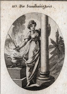 Alegoría de la constancia. Ella sostiene una espada sobre un fuego ardiente. La columna que abraza es el atributo de la granja. Grabado en "Iconologie oder Ideen aus dem Gebiete der Leidenschaften und Allegorien bildich dargestellt fur Zeichner, Mahler, Di