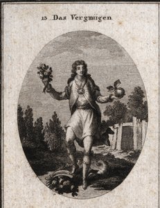 Alegoría del contento representada por un joven sosteniendo una manzana dorada con una mano y un ramo de flores con la otra. Muestran que todo lo que lo rodea participa en su alegría, que está simbolizada por el rubí que irradia en su pecho. Su atributo es de Austrian School