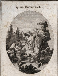Alegoría de la continencia, virtud heroica representada como una guerrera con un casco y una lanza dirigida hacia la tierra. Ella evita luchar contra las pasiones (representadas por el amor) y se defiende de sus atracciones para preservar su castidad. Grab de Austrian School