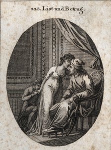 Alegoría de la astucia y el engaño. Expresión: Quien te da más caricias de lo habitual, es señal de que te ha engañado o quiere engañarte. Grabado en “Iconologie oder Ideen aus dem Gebiete der Leidenschaften und Allegorien bildich