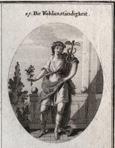 Alegoría de la decencia. Joven con piel de león para expresar su distinción y grandeza de alma. La rama de amaranto y la corona muestran que aún mantiene su belleza. La elocuencia y sagacidad en el discurso. Grabado en “Iconologie de Austrian School