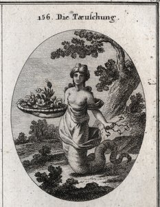 Alegoría del engaño. Entre las flores de la cesta hay una serpiente. Ella sostiene varios anzuelos ocultos detrás de ella. Sus piernas terminan en una cola de serpiente para mostrar que se arrastra para lograr sus fines. Grabado en "Iconologie oder Ideen a de Austrian School