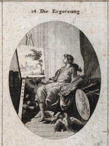 Alegoría de la delectación representada por un joven sosteniendo una lira cerca de una pintura con frutas, libros, armas y dos palomas que se acarician, todo simbolizando el encanto de los sentidos. Grabado en "Iconologie oder Ideen aus dem Gebiete der Lei de Austrian School