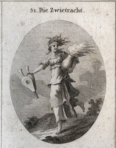 Alegoría de la discordia. Su cabello está formado por víboras y su frente tiene una venda ensangrentada. Un fuelle en una mano y en la otra un vaso de fuego. Grabado en 
