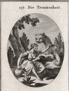 Alegoría de la embriaguez. Ella sostiene una jarra y una copa llena de vino que deja. Su símbolo es una pantera, símbolo de la furia de la embriaguez. Grabado en "Iconologie oder Ideen aus dem Gebiete der Leidenschaften und Allegorien bildich dargestellt f de Austrian School