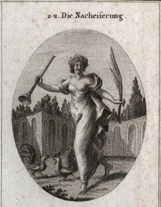 Alegoría de la emulación. La trompeta y la palma simbolizan la recompensa atribuida al mérito. Los atributos son dos gallos listos para pelear. Grabado en “Iconologie oder Ideen aus dem Gebiete der Leidenschaften und Allegorien bildich dargestellt fur Zeic