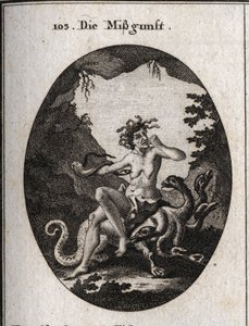 Alegoría de la envidia en la forma de una anciana muy fea. Enfurecida, muerde su puño y una serpiente intenta morder su corazón. Está sentada sobre una hidra, un monstruo que se parece a ella. Grabado en 