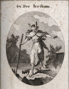 Alegoría del error en una actitud tambaleante con una venda en los ojos y orejas de burro para marcar que la ceguera y la ignorancia son las fuentes del error. Se dirige hacia un precipicio, tanteando con su bastón. Grabado en “Iconologie oder Ideen aus de de Austrian School