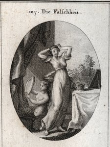 Alegoría de la falsedad. Su emblema es una sirena mirándose en un espejo. Grabado en “Iconologie oder Ideen aus dem Gebiete der Leidenschaften und Allegorien bildich dargestellt fur Zeichner, Mahler, Dichter, Gelehrte, Erzieher und freunde Hoherer G”. de Austrian School