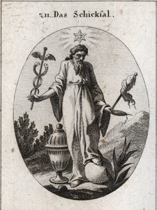 Alegoría del destino. Una estrella sobre ella proyecta informes de astrología sobre incidentes de la vida humana. Sostiene con una mano un símbolo de su poder y con la otra un junco y un huso cuyo hilo roto indica la fragilidad de la vida. La tierra de Austrian School