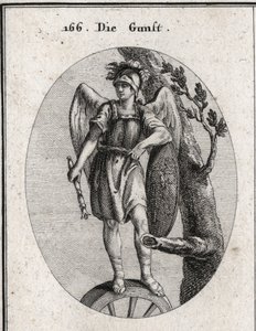 Alegoría del favor derivado de la virtud simbolizado por la armadura y las alas, de la fortuna representada por la rueda y el azar representado por el escudo en el que se ilustra la aventura de Arion. El cetro cae hacia la tierra como signo de los reyes de