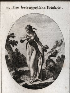 Alegoría de la astucia que tiende a engañar. Se la representa con una mano en el pecho y otra detrás sosteniendo un zorro, símbolo del engaño. Grabado en “Iconologie oder Ideen aus dem Gebiete der Leidenschaften und Allegorien bildich dargestellt”