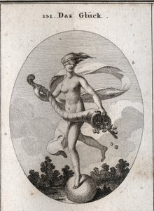 Alegoría de la fortuna representada con una venda en los ojos para mostrar que es ciega a sus dones. Ella sostiene un cuerno de la abundancia de cetros, coronas, joyas y monedas. Está colocada sobre una bola que gira rápidamente. Grabado en “Iconologie ode de Austrian School